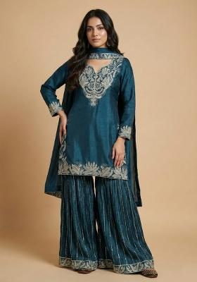 Teal Embroidered Silk Salwar Suit