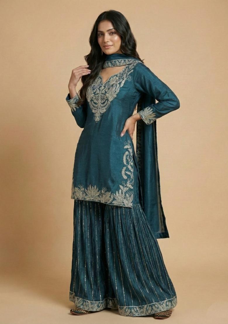 Teal Embroidered Silk Salwar Suit - Indya