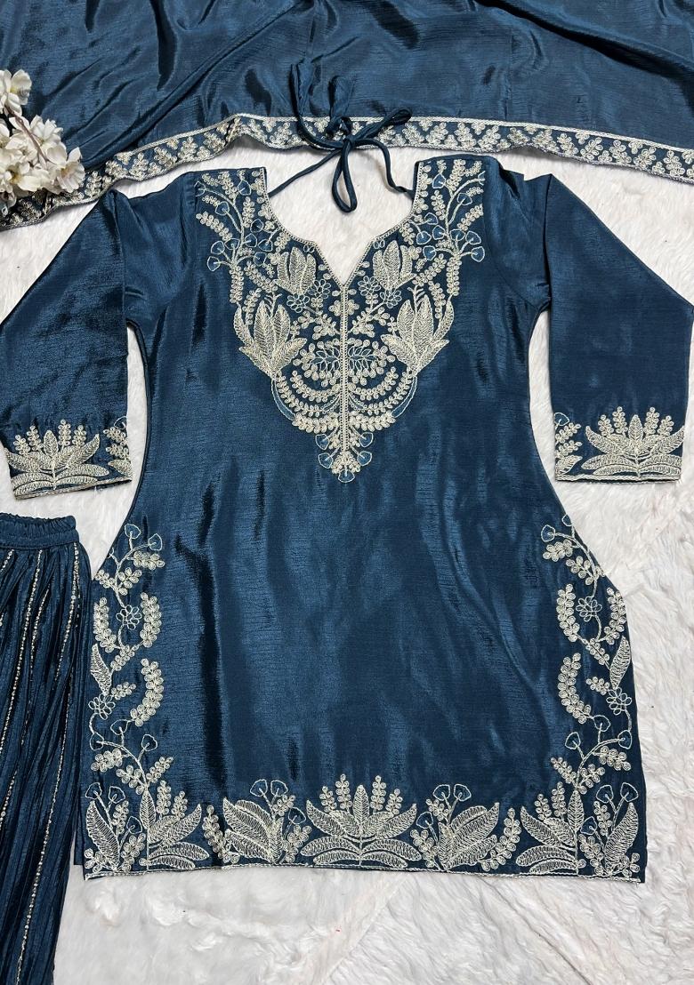 Teal Embroidered Silk Salwar Suit - Indya