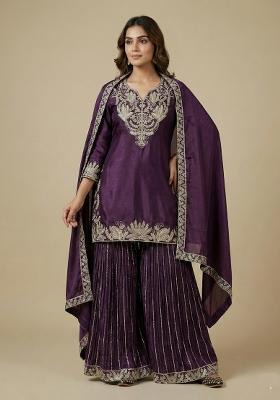 Wine Embroidered Silk Salwar Suit