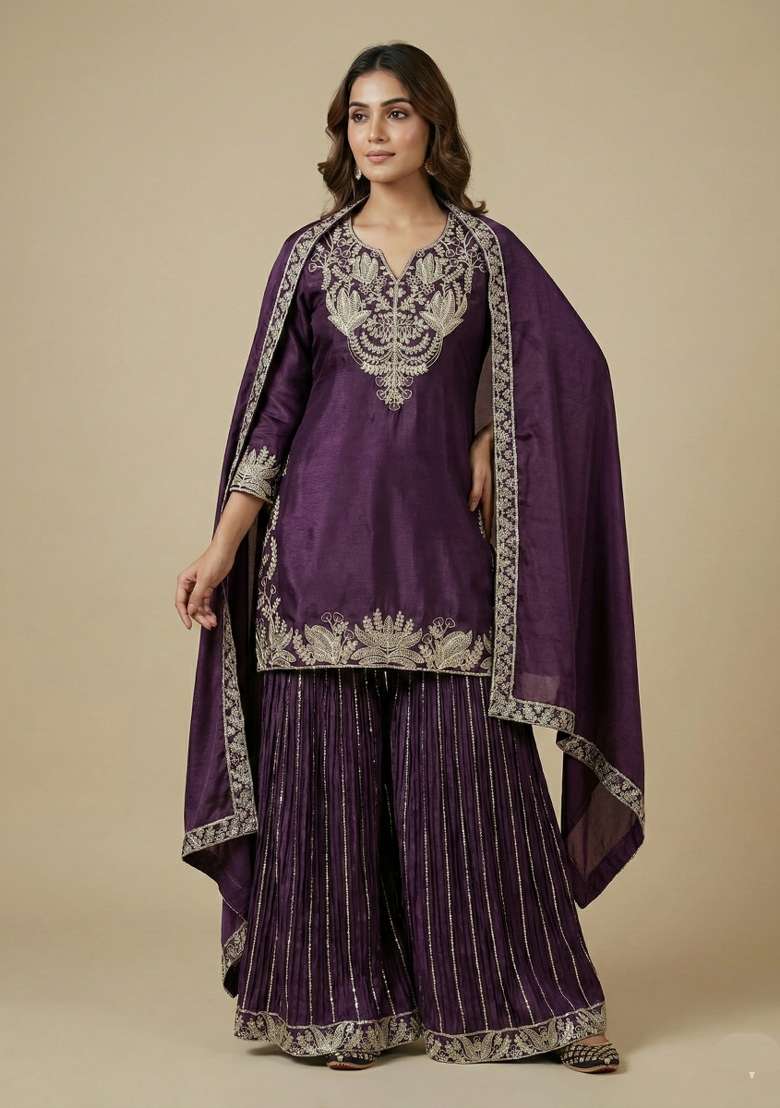 Wine Embroidered Silk Sharara Set - Indya