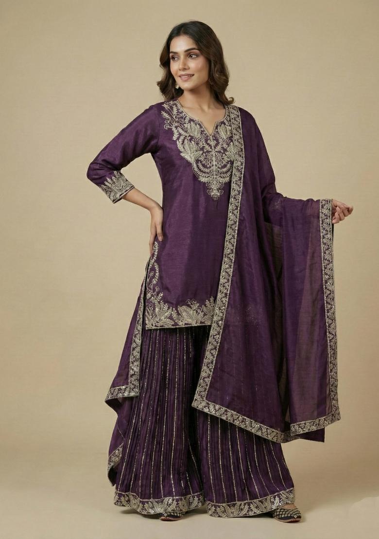 Wine Embroidered Silk Salwar Suit - Indya