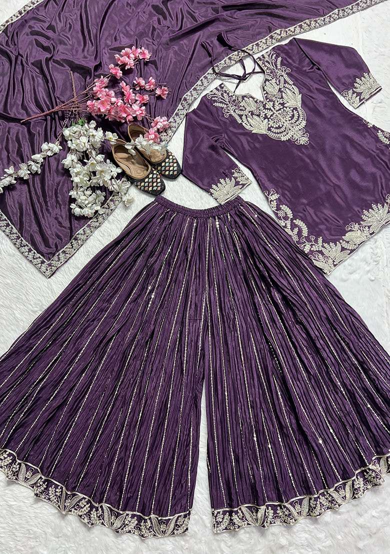 Wine Embroidered Silk Sharara Set - Indya