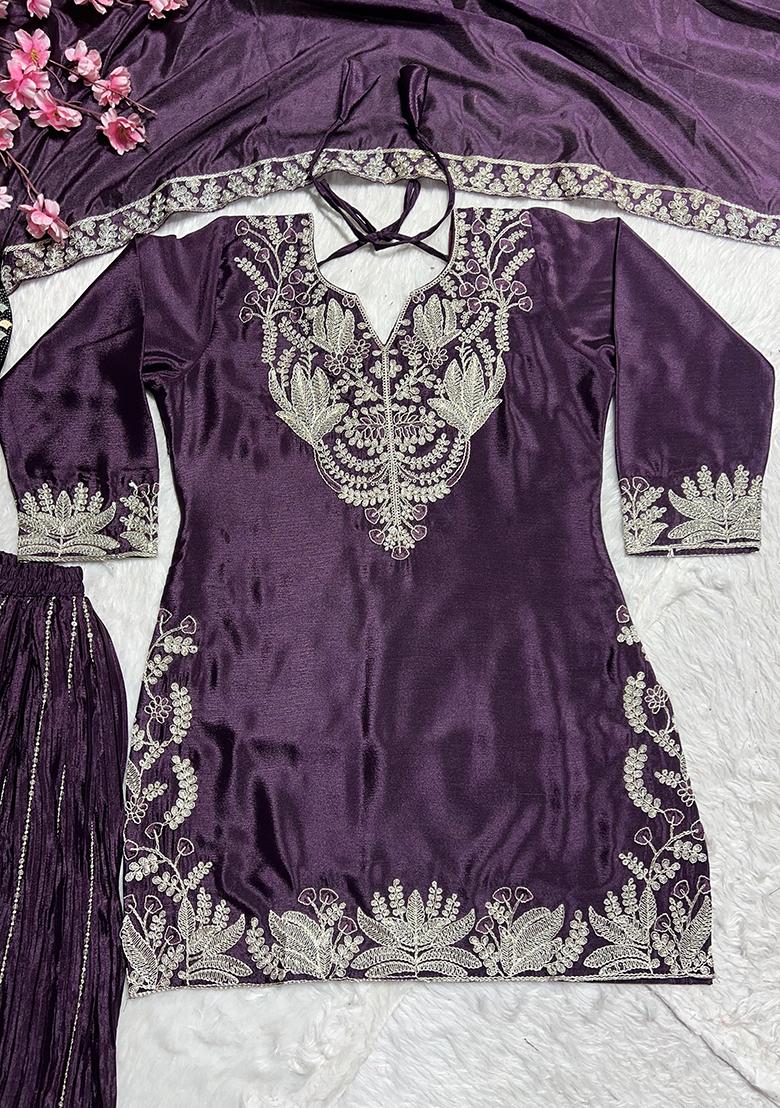 Wine Embroidered Silk Salwar Suit - Indya