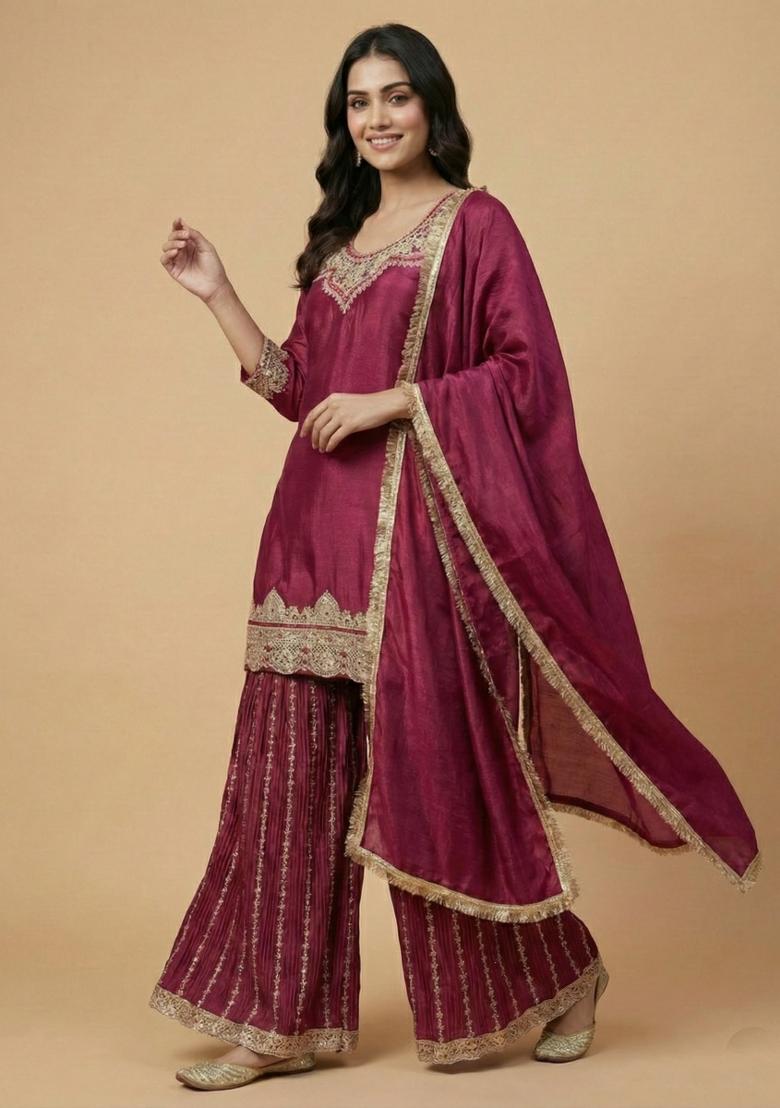Rani Wine Embroidered Silk Salwar Suit - Indya