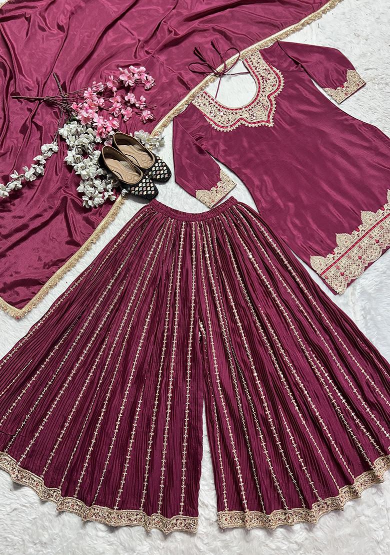 Rani Wine Embroidered Silk Salwar Suit - Indya