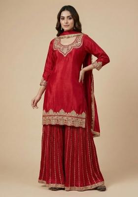 Red Embroidered Silk Salwar Suit