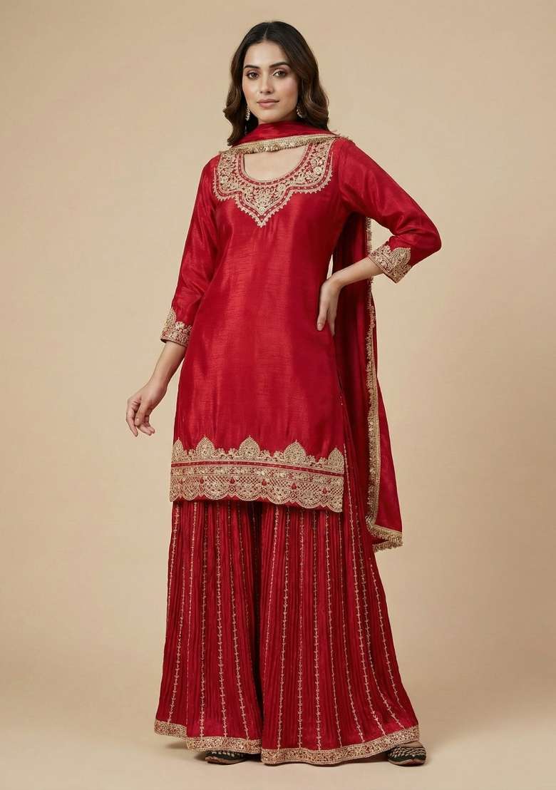 Red Embroidered Silk Blend Sharara Set - Indya