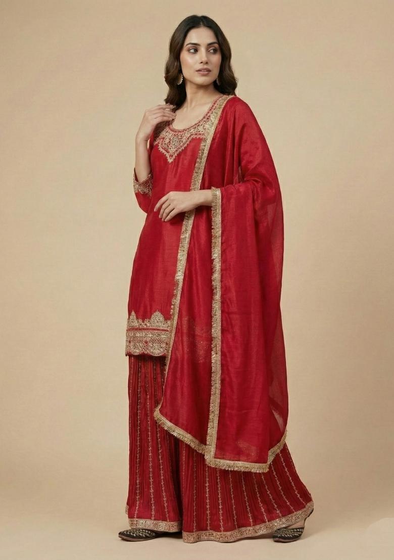 Red Embroidered Silk Salwar Suit - Indya