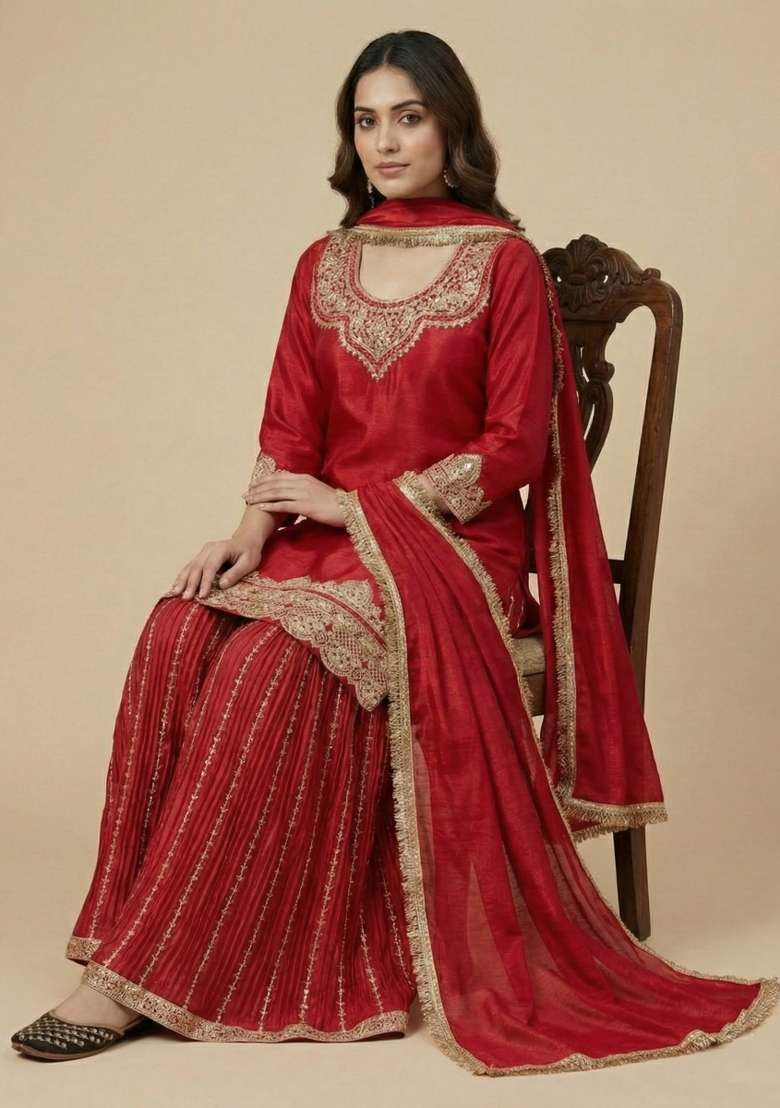 Red Embroidered Silk Blend Sharara Set - Indya