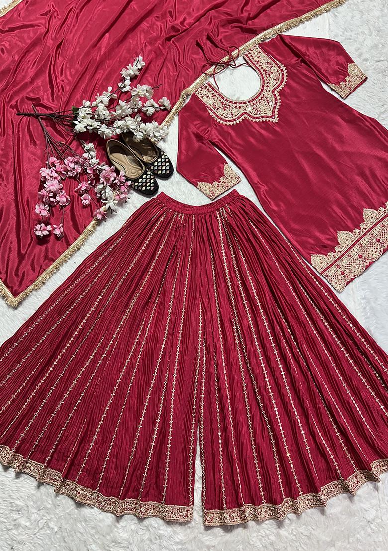 Red Embroidered Silk Salwar Suit - Indya