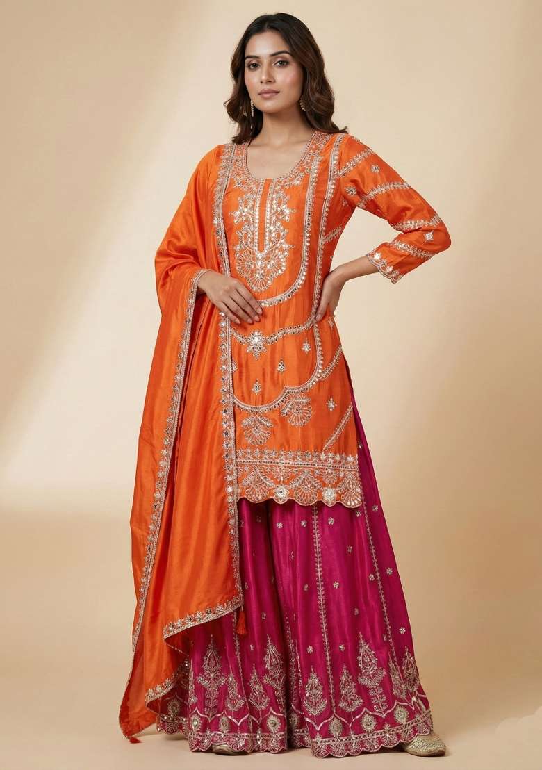Orange Embroidered Silk Blend Sharara Set - Indya