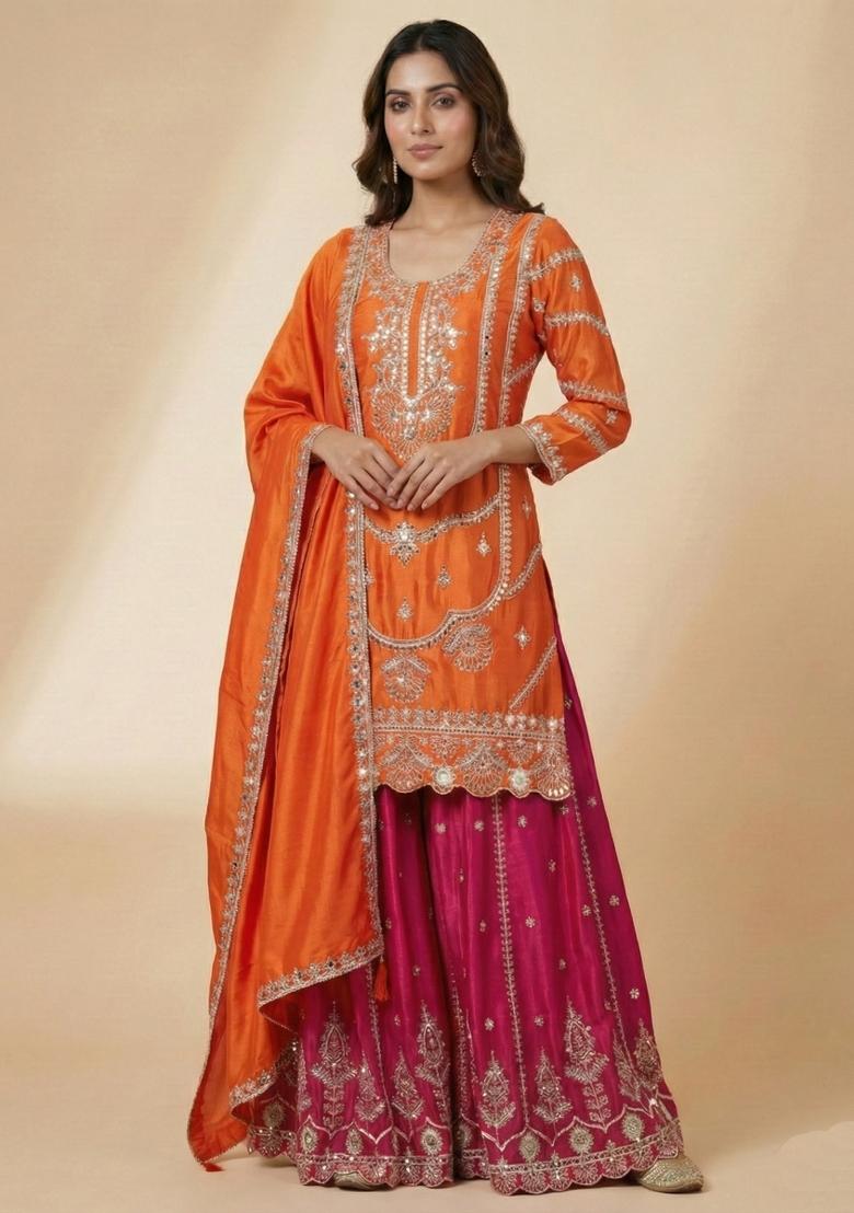 Orange Embroidered Silk Salwar Suit - Indya