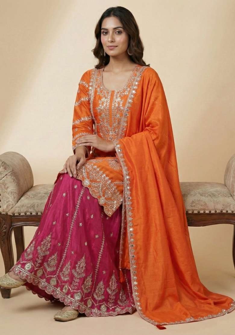Orange Embroidered Silk Blend Sharara Set - Indya