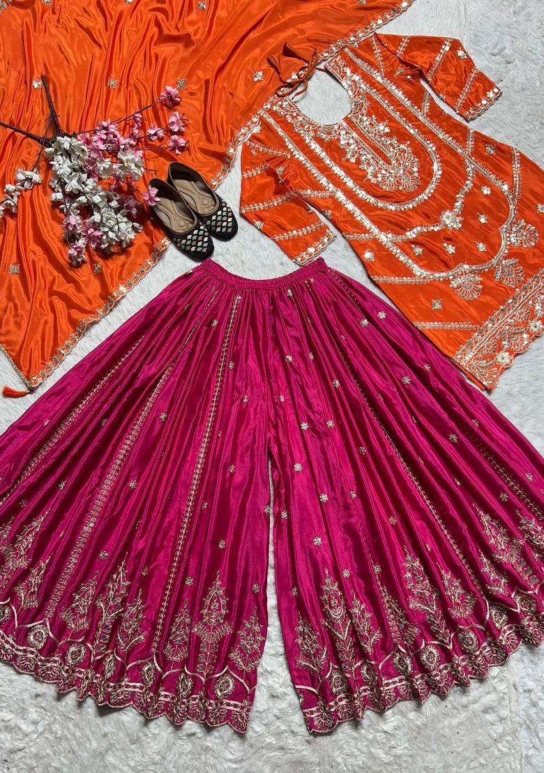 Orange Embroidered Silk Salwar Suit - Indya