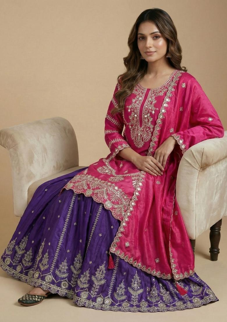 Pink Embroidered Silk Salwar Suit - Indya