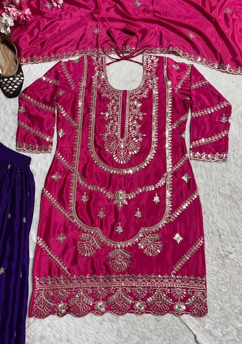 Pink Embroidered Silk Salwar Suit - Indya