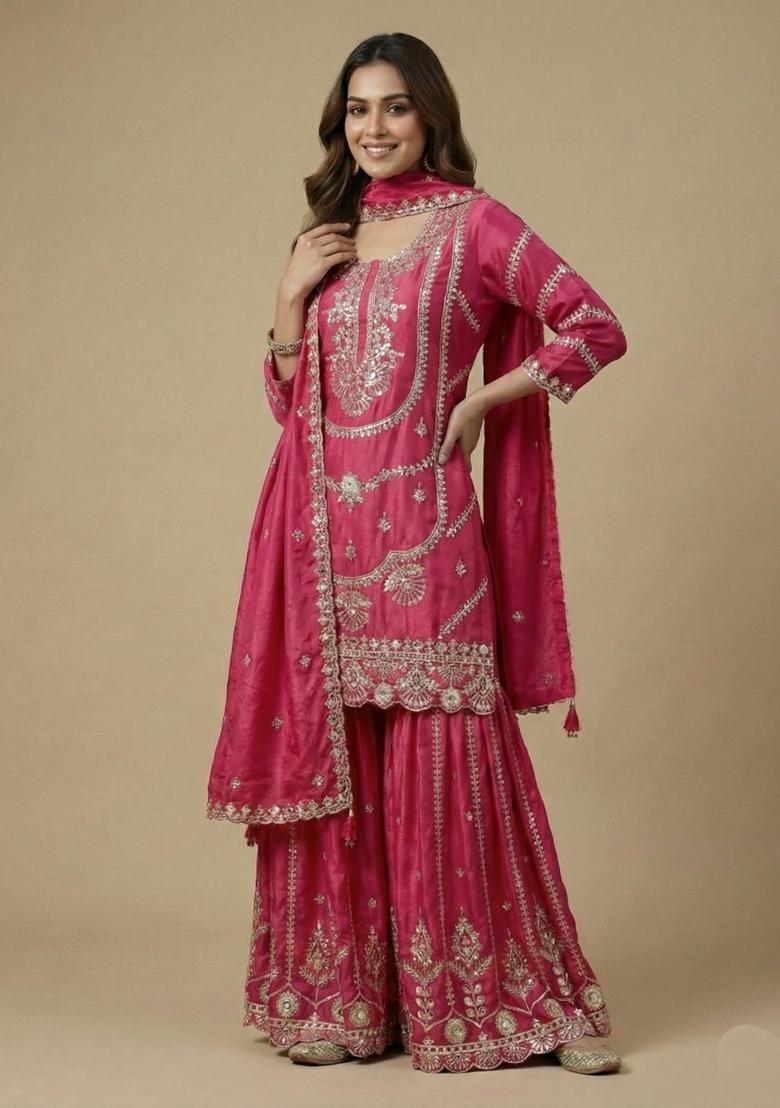 Pink Embroidered Silk Salwar Suit - Indya