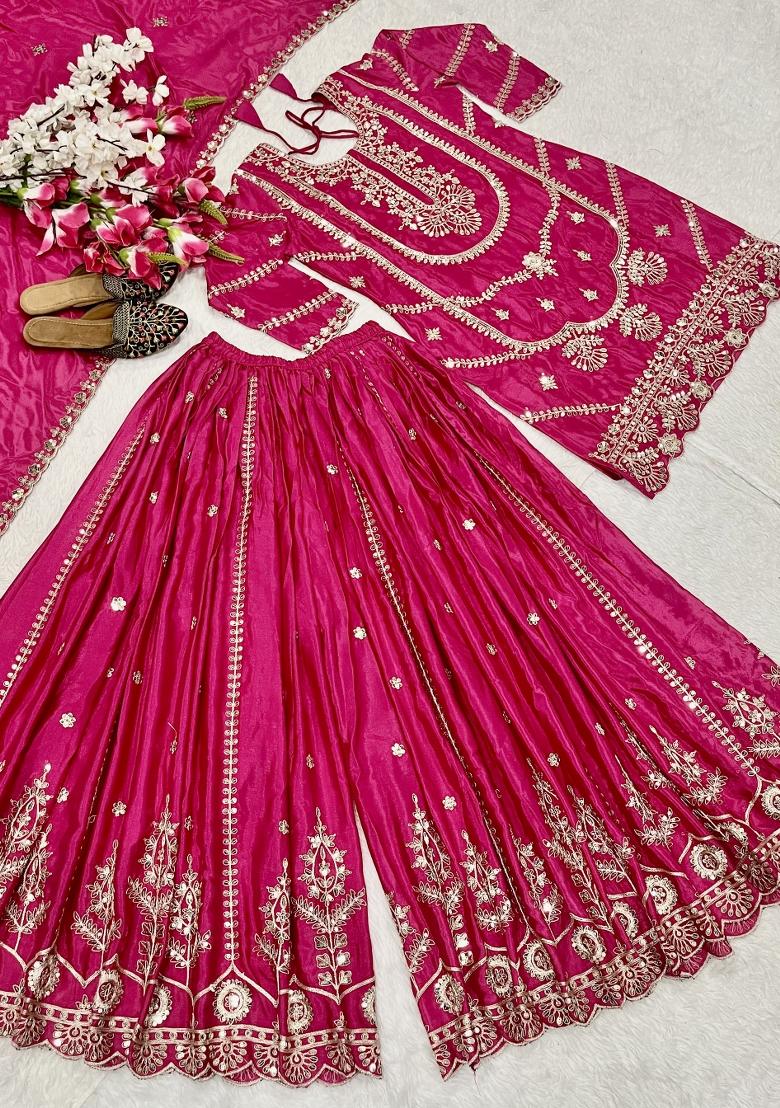 Pink Embroidered Silk Salwar Suit - Indya