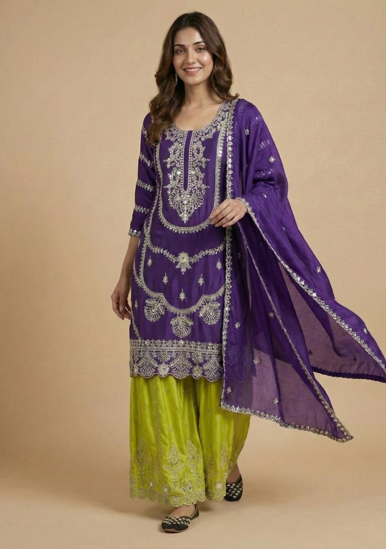 Purple Embroidered Silk Salwar Suit - Indya