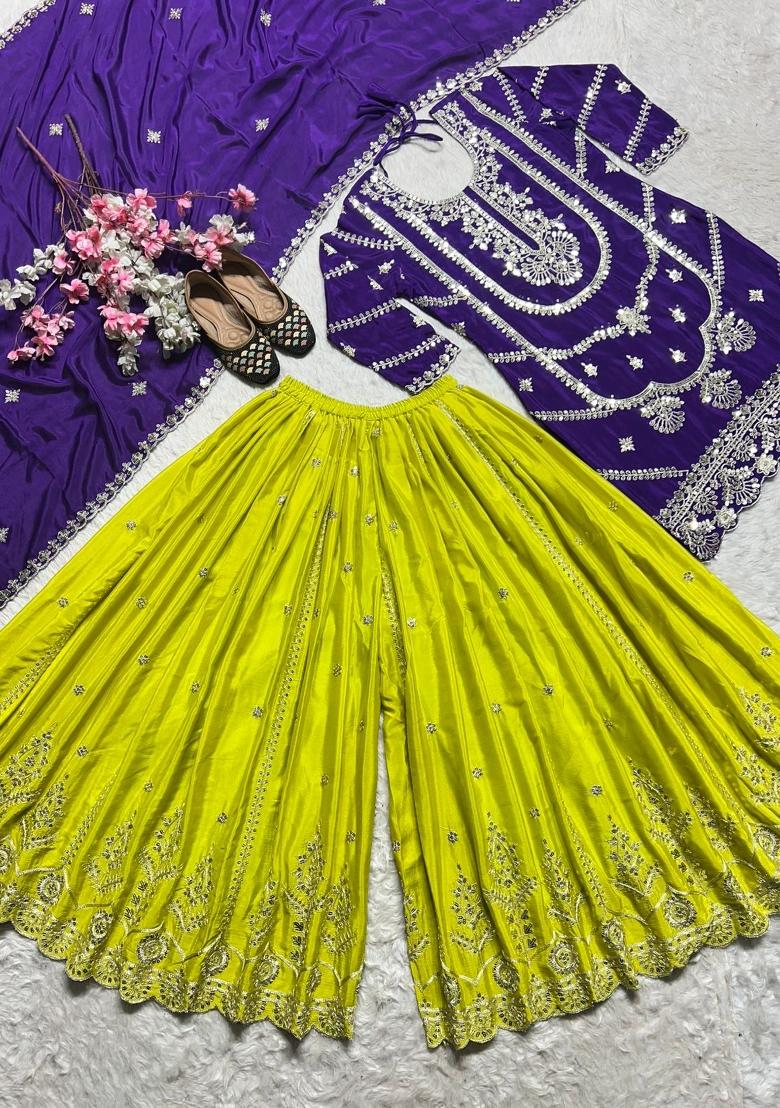 Purple Embroidered Silk Salwar Suit - Indya