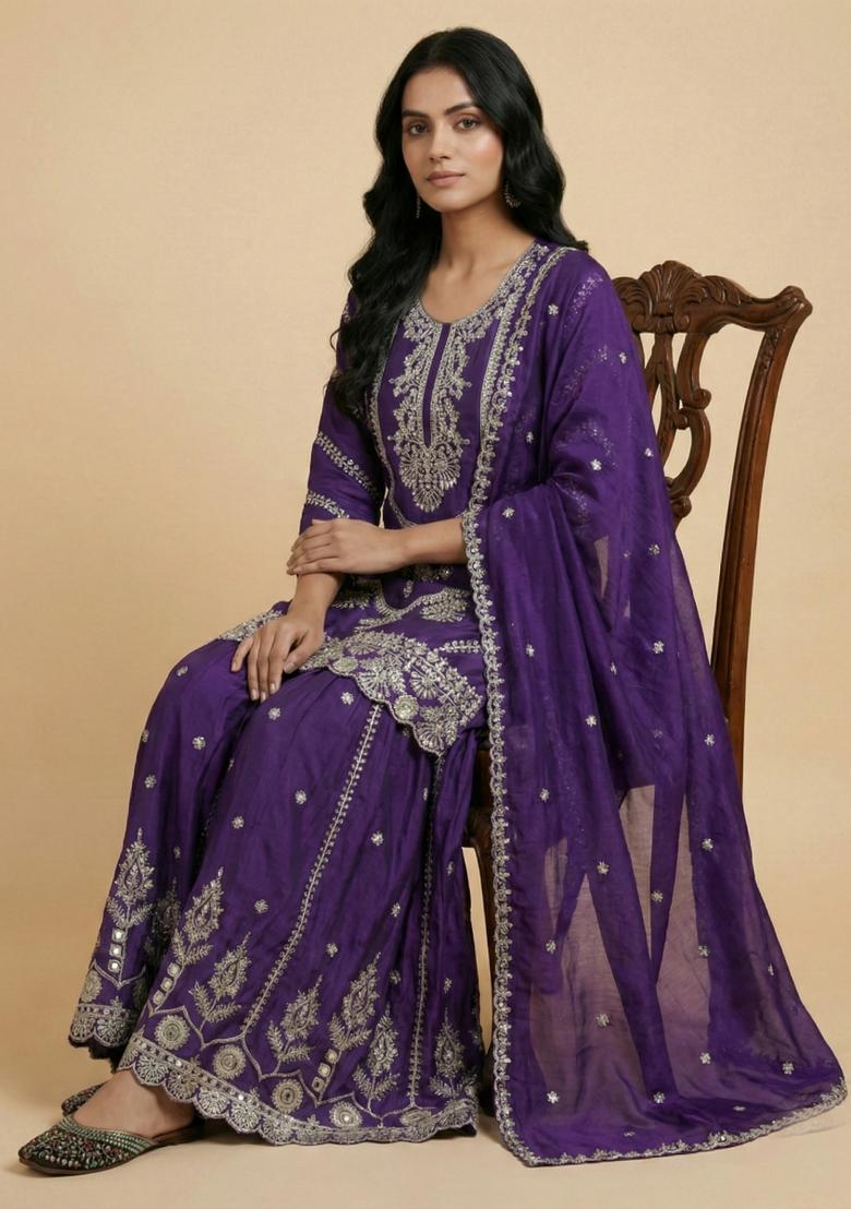 Purple Embroidered Silk Salwar Suit - Indya