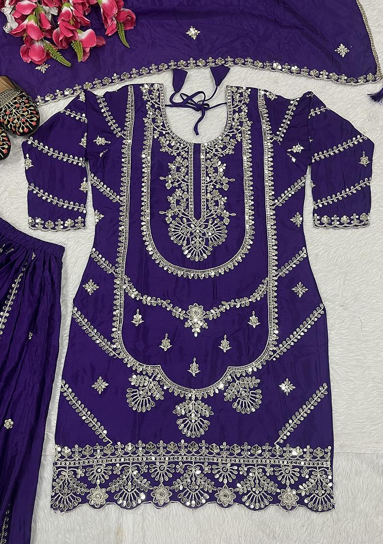 Purple Embroidered Silk Salwar Suit - Indya