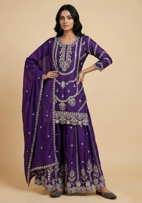 Purple Embroidered Silk Salwar Suit