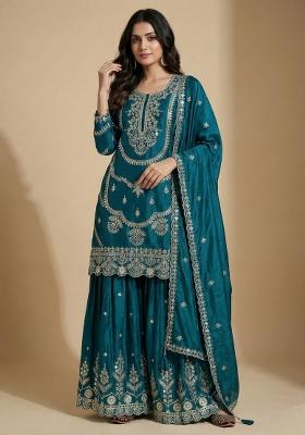 Teal Embroidered Silk Salwar Suit