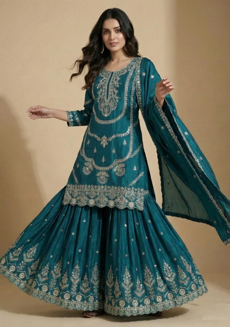Teal Embroidered Silk Salwar Suit - Indya