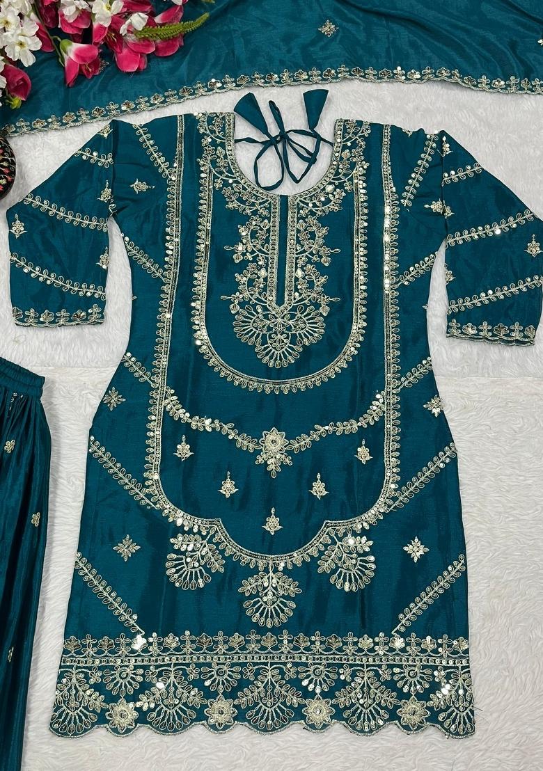 Teal Embroidered Silk Salwar Suit - Indya
