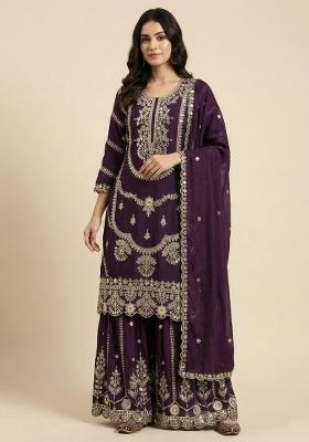 Wine Embroidered Silk Salwar Suit