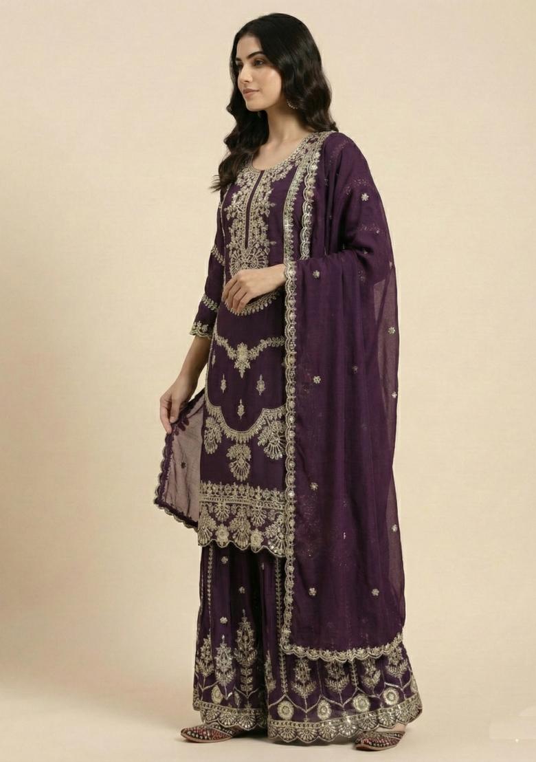 Wine Embroidered Silk Salwar Suit - Indya