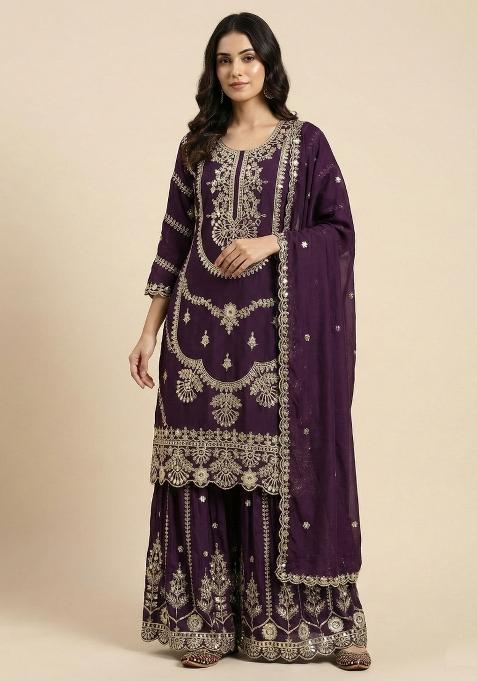Wine Embroidered Silk Salwar Suit