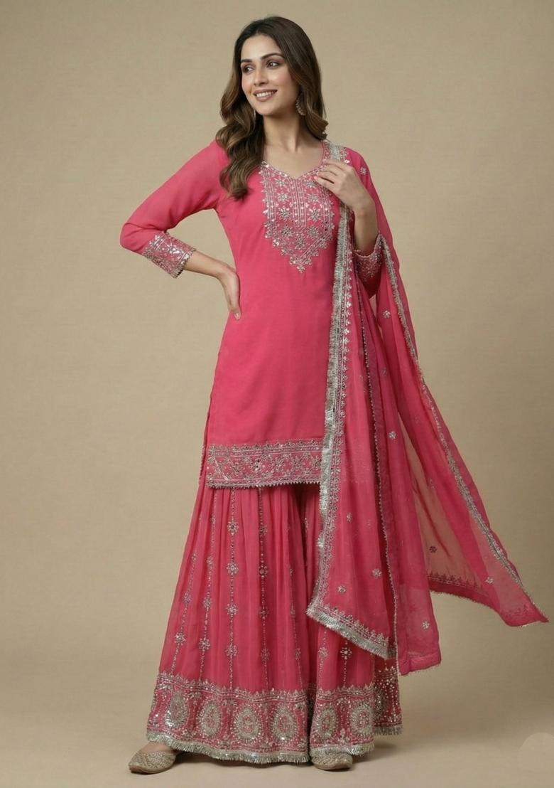 Pink Embroidered Georgette Salwar Suit - Indya