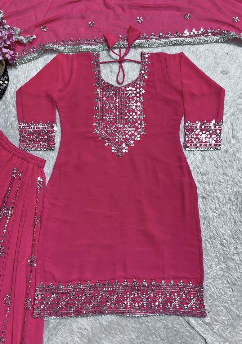Pink Embroidered Georgette Salwar Suit - Indya