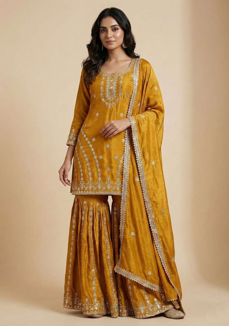 Mustard Embroidered Silk Blend Sharara Set - Indya