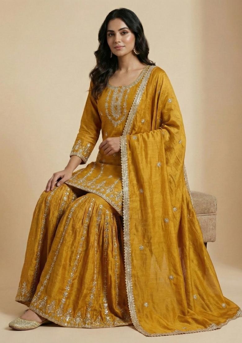 Mustard Embroidered Silk Salwar Suit - Indya