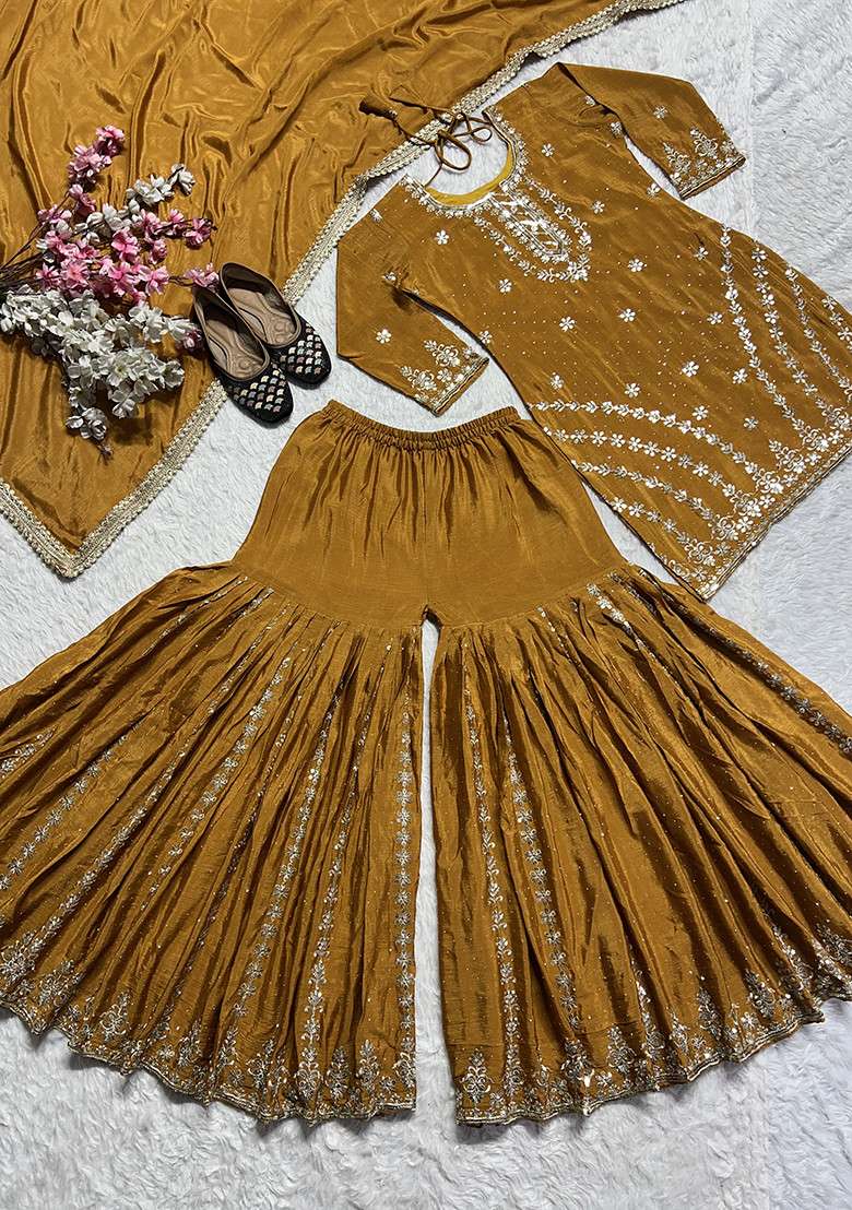 Mustard Embroidered Silk Blend Sharara Set - Indya