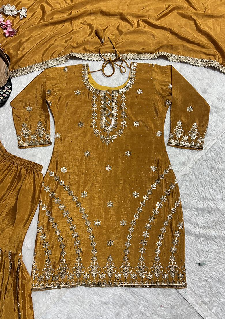 Mustard Embroidered Silk Salwar Suit - Indya