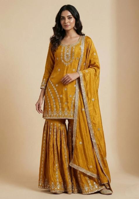 Mustard Embroidered Silk Salwar Suit