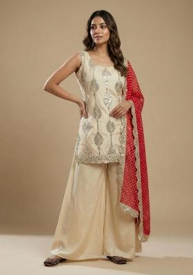 Cream Embroidered Crepe Salwar Suit