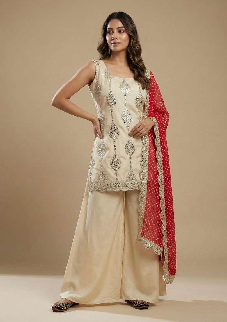 Cream Embroidered Crepe Sharara Set - Indya