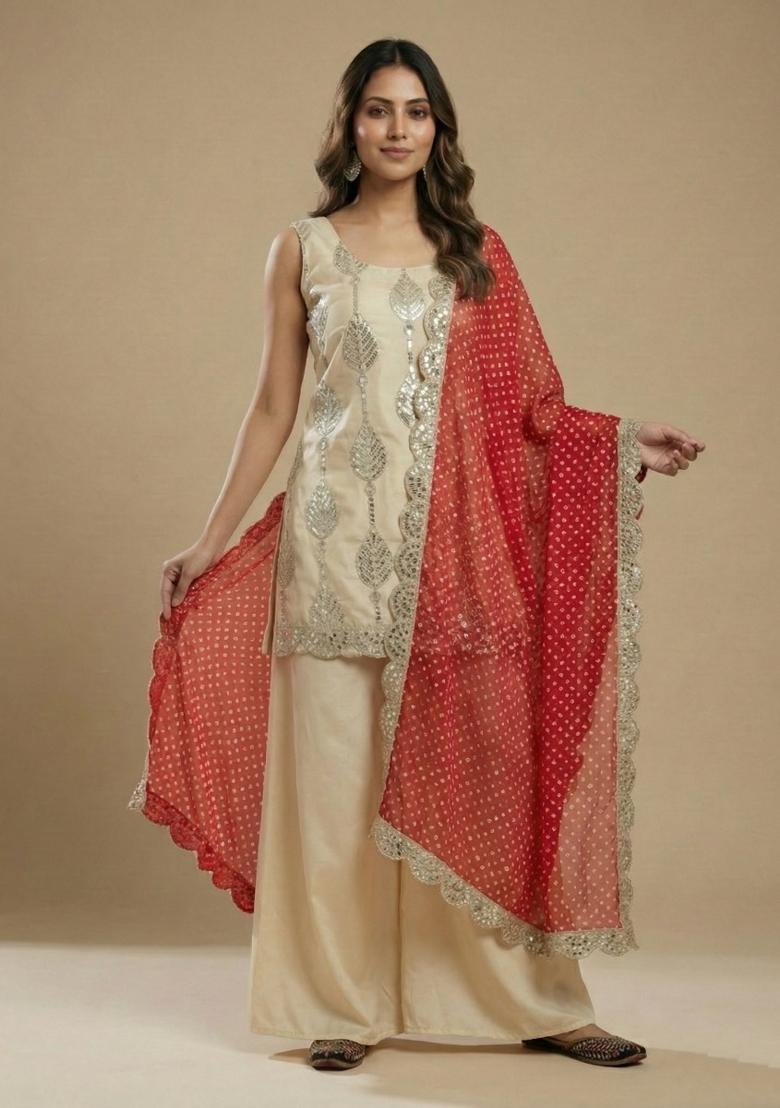 Cream Embroidered Crepe Salwar Suit - Indya