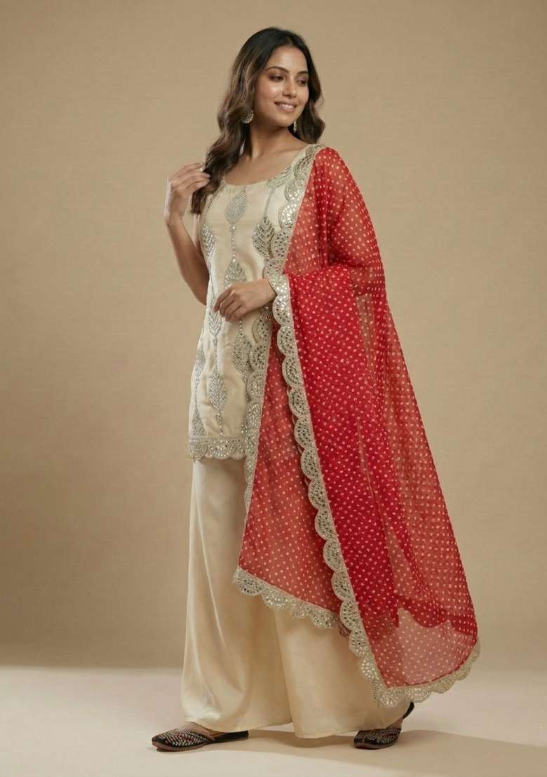 Cream Embroidered Crepe Sharara Set - Indya