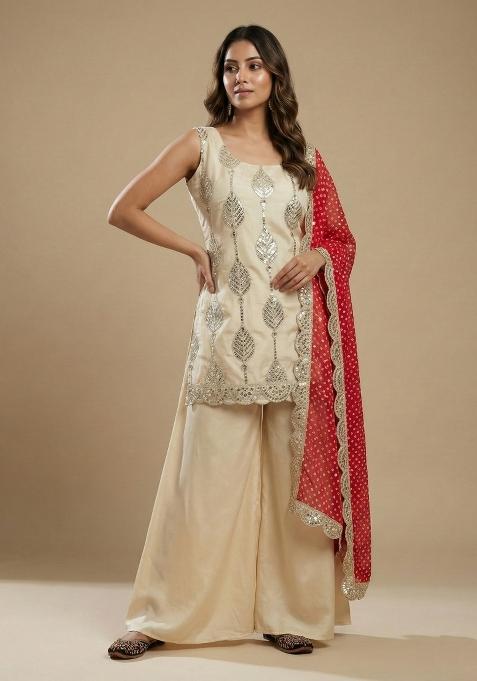 Cream Embroidered Crepe Salwar Suit
