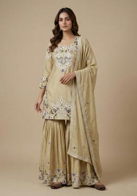 Cream Embroidered Crepe Salwar Suit