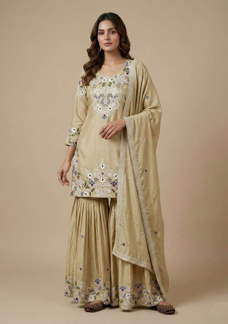 Cream Embroidered Crepe Sharara Set - Indya