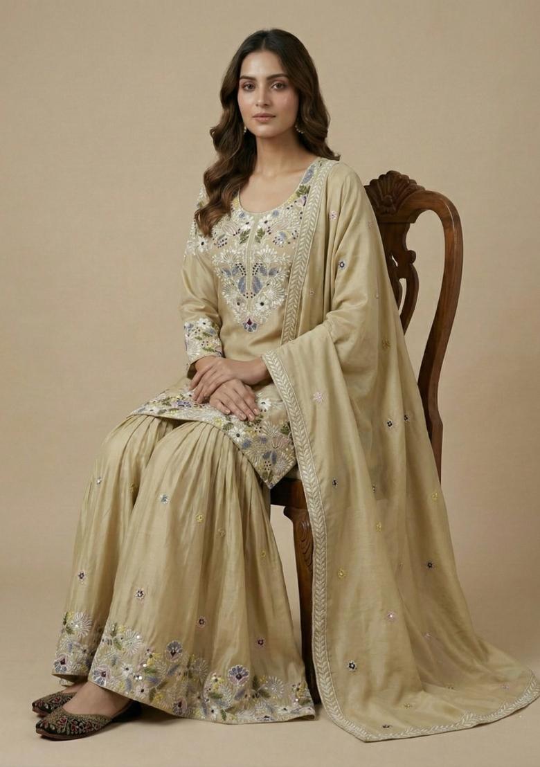 Cream Embroidered Crepe Salwar Suit - Indya