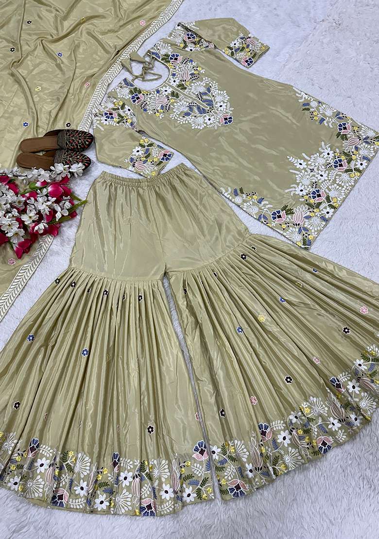 Cream Embroidered Crepe Sharara Set - Indya